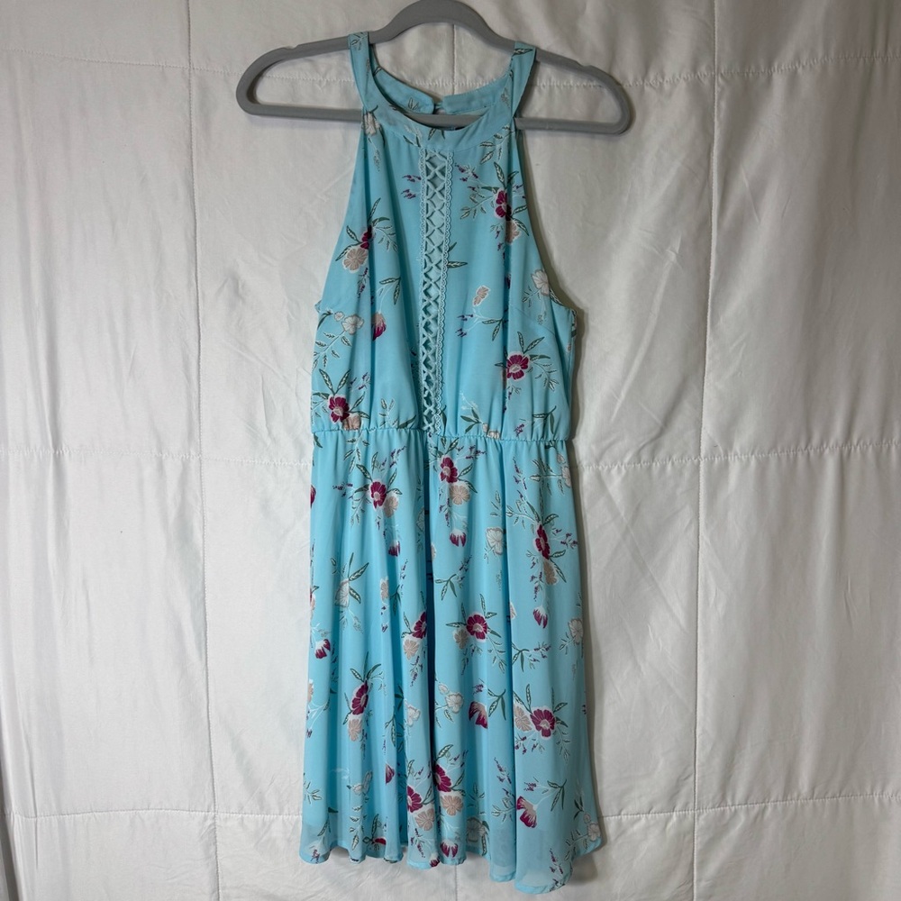 Blue Rain Francesca’s‎ Light Blue Floral Halter Dress Medium NWT